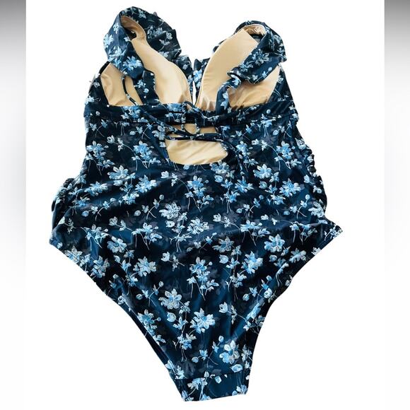A Pea in the Pod Ruffled Maternity One Piece Floral Swimsuit Medium Blue L NWT - Picture 5 of 8